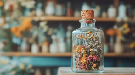 A close-up shot of a glass bottle with a natural cork stopper, holding dried herbs and flowers, on a shelf with a blurred apothecary backdrop.