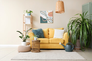 Sticker - Interior of living room with green plants, sofa and shelf unit