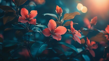 Wall Mural - close-up of red flowers with glowing sunlight in garden