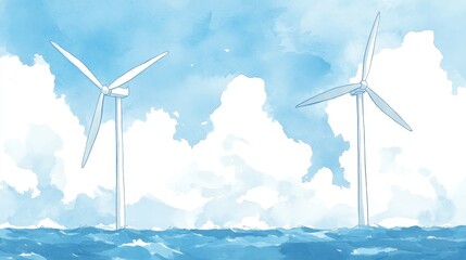 Wall Mural - Sea wind turbines, turbulent ocean, energy in motion, watercolor style