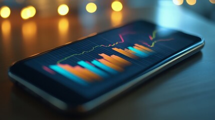 Wall Mural - A digital bar graph on a mobile phone screen, showing financial projections and performance data.