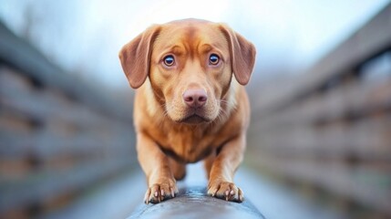 Wall Mural - A brown dog is standing on a metal pipe, AI