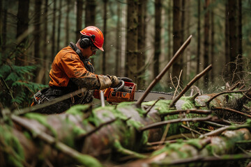 Sticker - Male forestry worker , lumberjack, cutting branches of fallen tree with a chainsaw.