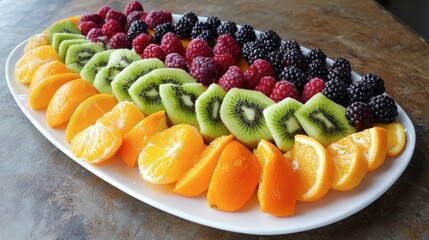 A fruit platter featuring a variety of berries, kiwi, and oranges, with a drizzle of honey over the top.