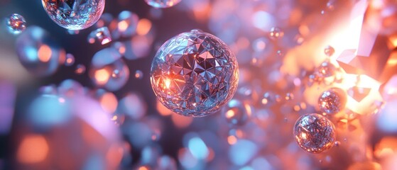 A Shiny, Faceted Sphere Floating in a Purple and Orange Gradient with Bokeh Background