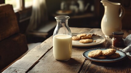 A glass milk bottle, filled with fresh milk, placed on a farmhouse kitchen table next to a plate of cookies and a jug of cream, evoking a nostalgic feeling.