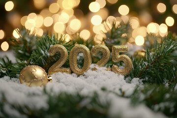 Wall Mural - Festive 2025 made from snow-covered spruce branches, golden bokeh background