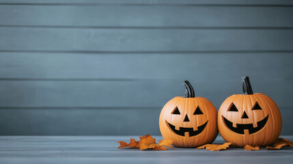 happy halloween with two carved pumpkins on wooden table!