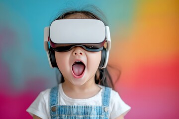 Wall Mural - child with a virtual reality headset mouth agape in amazement capturing the excitement and engagemen