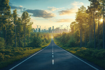 Wall Mural - A serene green highway leads into vibrant city, surrounded by lush trees and wind turbines.