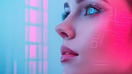 Canvas Print - A woman with a futuristic looking face and pink eyes, AI