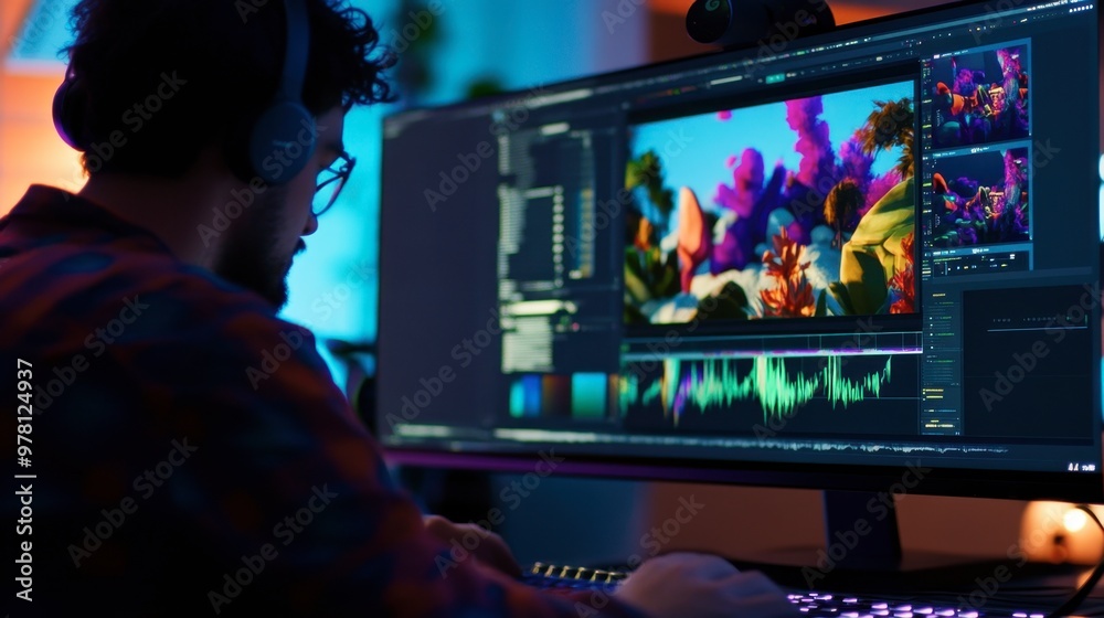 Animation Editing Computer Image A motion designer editing a colorful animated scene in a video editing ...