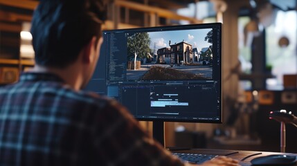Poster - A motion graphics artist editing a 3D animation scene, with keyframes and rendering options visible on the screen.