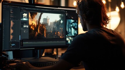 Poster - A motion graphics artist editing a 3D animation scene, with keyframes and rendering options visible on the screen.