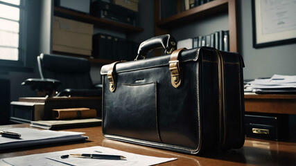 Canvas Print - Briefcase lying on a desk in an office with documents scattered