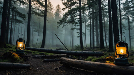 Poster - Camp lantern set on a log with a misty forest in the background