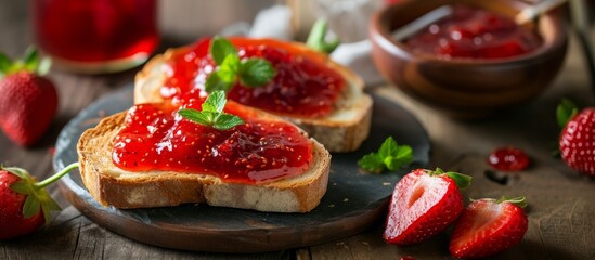 Fresh strawberry jam spread on toast