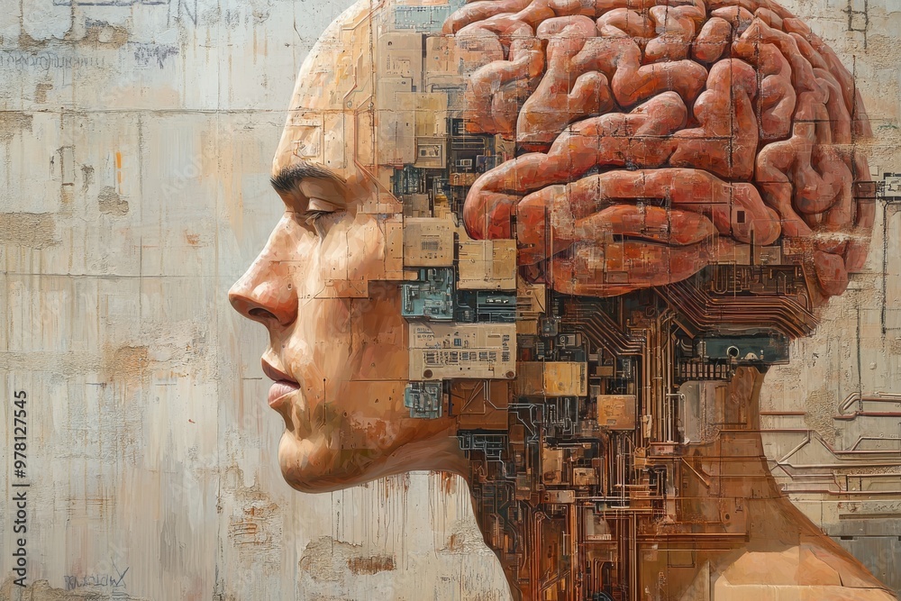 Artistic representation of a man with an exposed brain embedded with ...