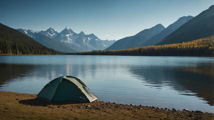 Wall Mural - Empty tent pitched near a calm lake with distant mountains visible