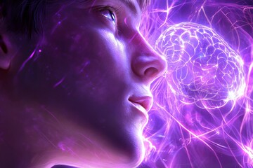 Futuristic illustration of a human profile with glowing neural energy and abstract brain connections representing the power of mental energy in digital neuroscience