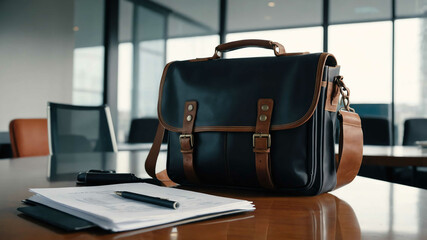 Canvas Print - Laptop bag leaning against a glass conference table with documents