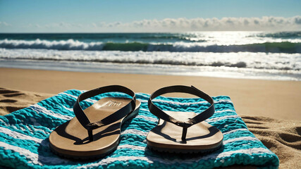 Wall Mural - Pair of sandals lying on a beach towel with ocean waves in the distance