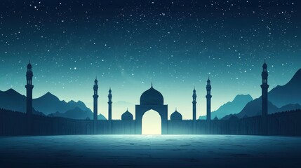 Wall Mural - Nighttime view of a mosque with a starlit sky and mountains in the background