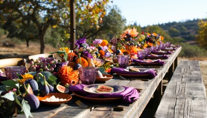  Wooden large  table decorated for family Halloween or Thanksgiving party.  Table decorate with  pumpkin, fig, purple napkins and orange napkins.