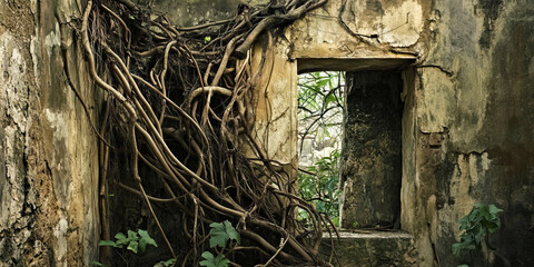 Twisted Vines of Entanglement: Tangled vines snaking through the ruins, a testament to nature's persistence even in the face of human destruction.