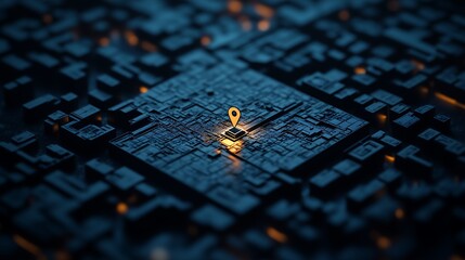 Wall Mural - Illuminated location pin hovering over a dark, 3D city map