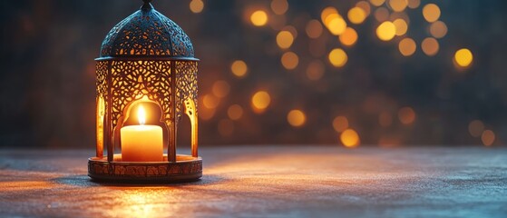 Wall Mural - Ornate Metal Lantern with Lit Candle and Bokeh Lights. Islamic Background, Muslim, Ramadhan, eid al-fitr, eid al-adha, 