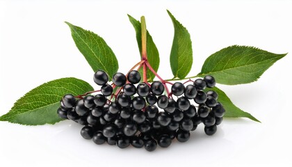 Wall Mural - a cluster of black elderberries with green leaves on a white background