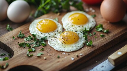 Fried eggs garnished with fresh herbs on a wooden cutting board