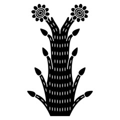 Wall Mural - Floral ethnic design of Aztec Indians from Mexican codex. Stylized tree or blooming plant with fruits and two flowers. Black and white silhouette.