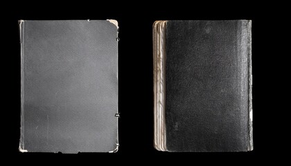 old black gray shabby notebook notepad book booklet back front inside paper texture isolated on black