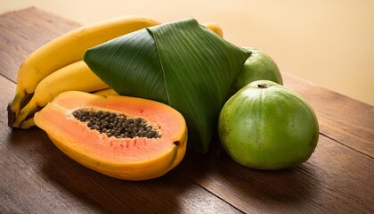 Wall Mural - ripe papaya green guava and ripe banana tropical fruits with banana leaf wrapping on wooden table