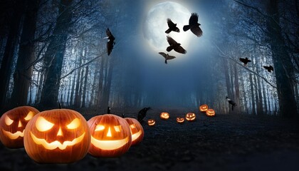 spooky halloween night with jack o lanterns and crows in a dark forest