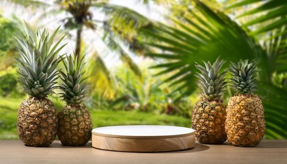 Wall Mural - tropical product display with pineapples coconuts and a circular podium in a lush green jungle setting