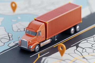 Wall Mural - 3D illustration of a truck on a map with location pins