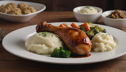 Wall Mural - bbq chicken drumsticks with mashed potatoes and vegetables