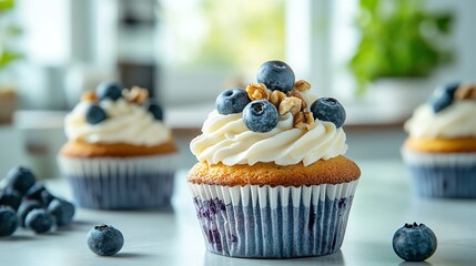 Delicious blueberry cupcakes with whipped cream frosting and a sprinkle of nuts.