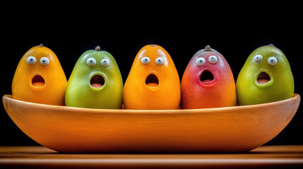 Canvas Print - A group of fruit with faces in a bowl on top, AI