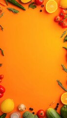 A colorful image of various fruits and vegetables arranged in a circle on an orange background. Concept of freshness and health, as well as the abundance of nature's bounty