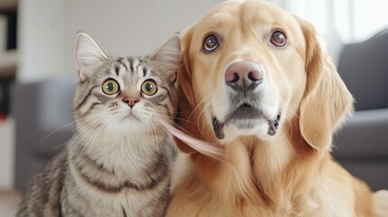 Canvas Print - A cat and dog sitting next to each other on a couch, AI