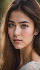 Wall Mural - A close-up portrait of a young woman with long, flowing hair and a soft expression. She has warm brown eyes and a natural makeup look, set against a blurred green background that enhances her features