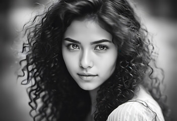 Wall Mural - A close-up portrait of a young woman with curly hair, captured in black and white. Her expressive eyes and soft features convey a sense of depth and emotion, set against a blurred background.