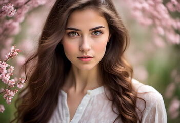 Wall Mural - A close-up portrait of a young woman with long, wavy hair, set against a backdrop of blooming cherry blossoms. She has a serene expression and is wearing a light, sheer blouse.