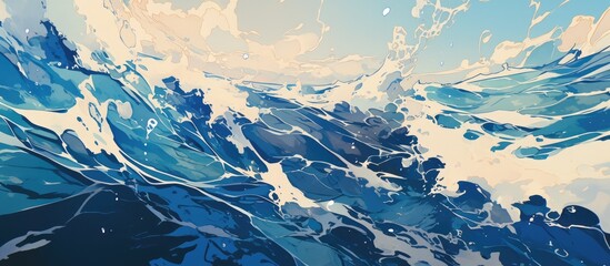 Poster - Painting depicting deep ocean scenes featuring dynamic waves and a serene sea surface