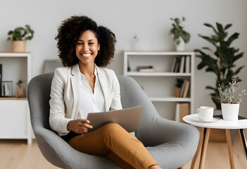 Wall Mural - A smiling woman with curly hair sits in a modern, cozy living room holding a tablet. She is dressed in a white blazer and brown pants. The background features shelves with plants and decor items.