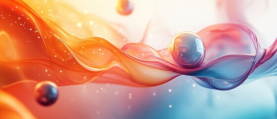 Abstract liquid wave with a glossy sphere and bokeh effect